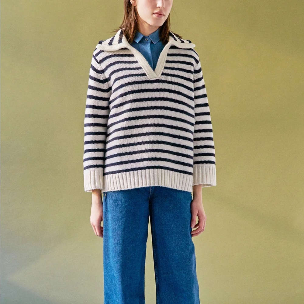 BNWT Demylee New York Ellie Striped 100% merino wool polo collar sweater